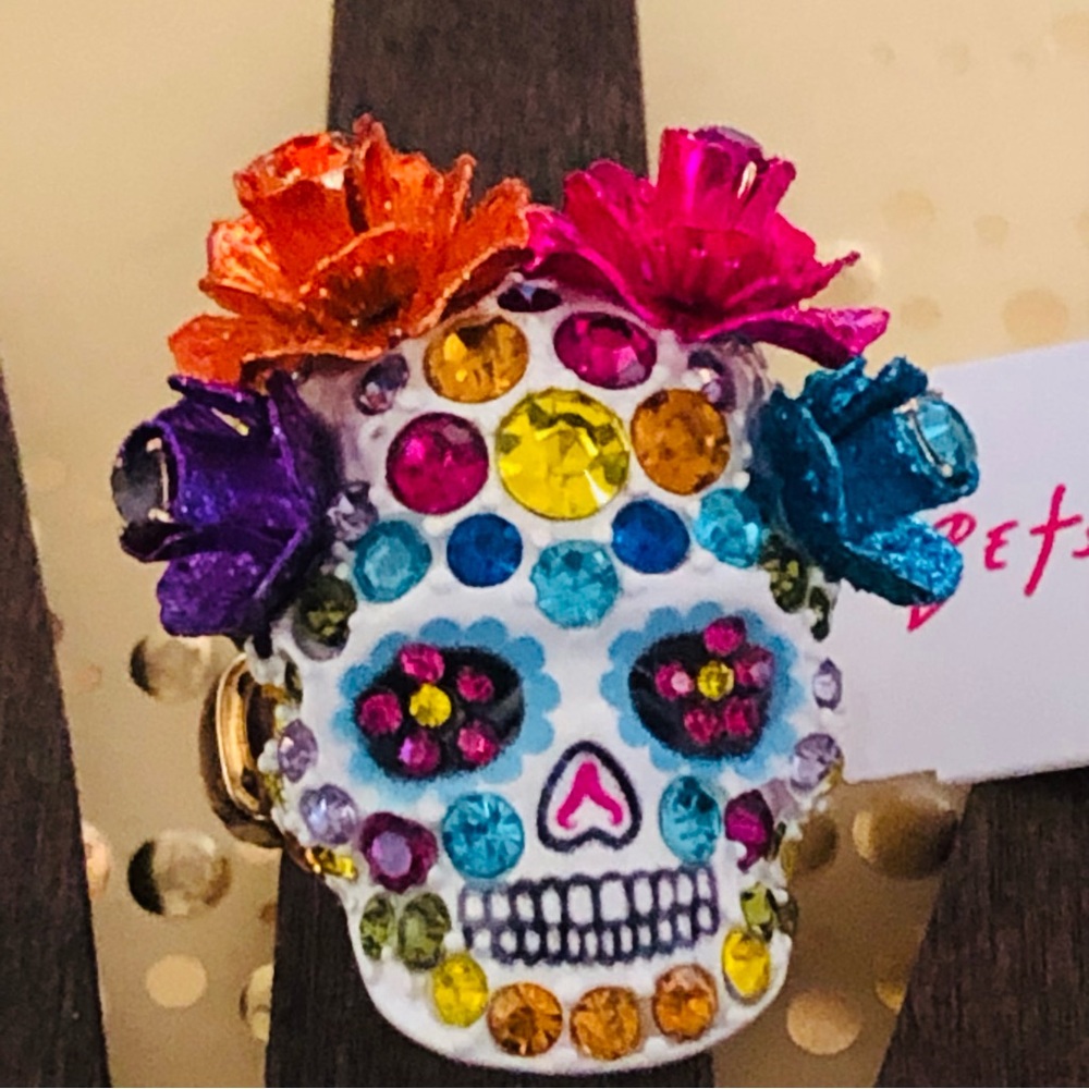 Authentic Betsey Johnson Ring - Day Of The Dead Enamel, Crystals, Roses, NWT